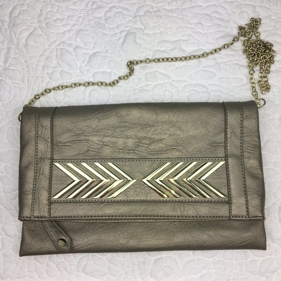 Imoshion Metallic Pewter Clutch w/ Chain Strap & Gold Geo Detail Evening Bag - Picture 1 of 8